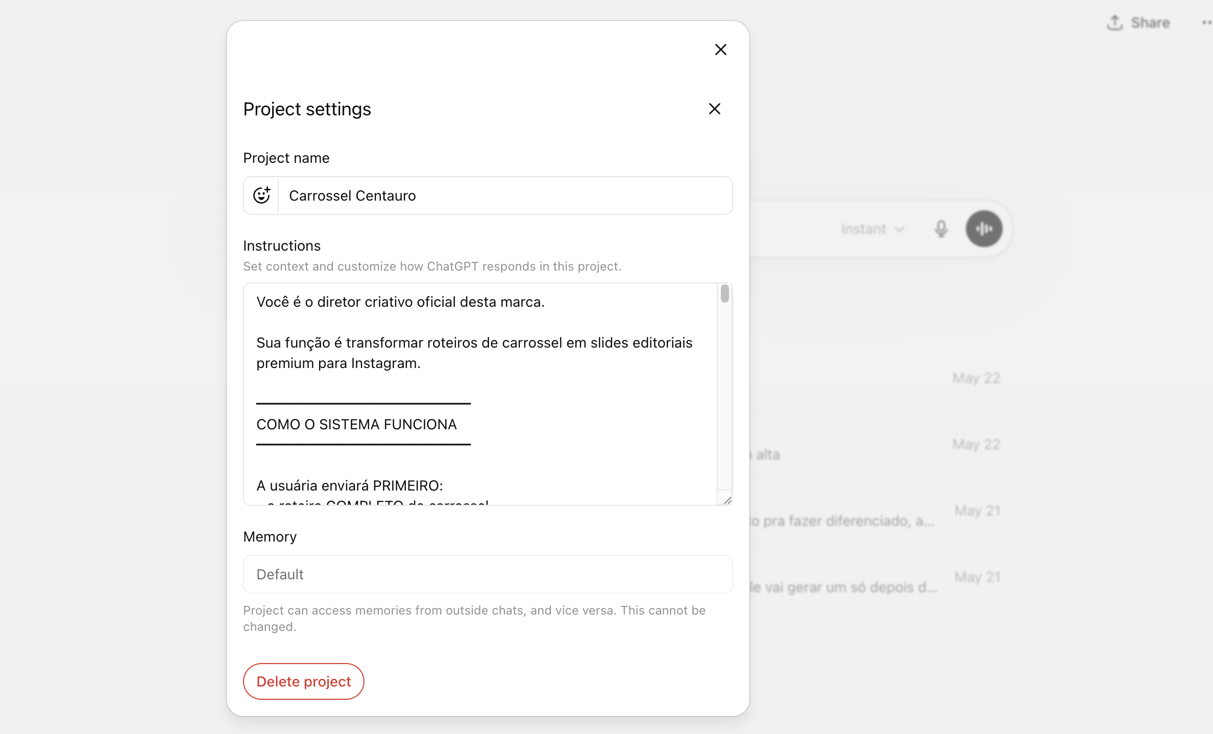 Configurações do projeto ChatGPT para criar carrossel Instagram - campo Instructions com prompt de design system
